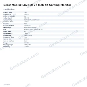 BenQ Mobiuz EX271U 27 Inch 4K Gaming Monitor