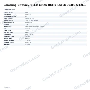 Samsung Odyssey OLED G9 2K DQHD LS49DG930SWXXL 49 Inch Curved Gaming Monitor