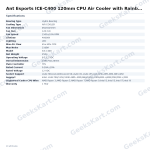 Ant Esports ICE-C400 120mm Rainbow LED CPU Air Cooler