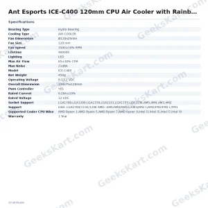 Ant Esports ICE-C400 120mm Rainbow LED CPU Air Cooler