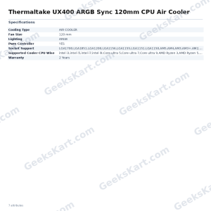 Thermaltake UX400 ARGB Sync 120mm CPU Air Cooler – 240W TDP, Intel & AMD Compatible