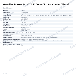 Gamdias Boreas M1-610 120mm CPU Air Cooler (Black) with ARGB Lighting
