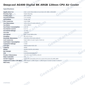 Deepcool AG400 Digital BK ARGB 120mm CPU Air Cooler with Status Display