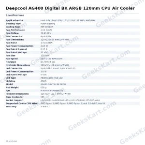 Deepcool AG400 Digital BK ARGB 120mm CPU Air Cooler with Status Display