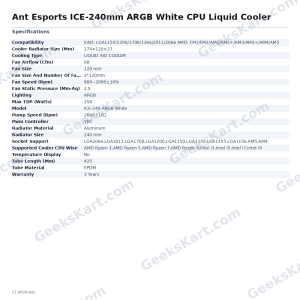 Ant Esports ICE-240mm ARGB White CPU Liquid Cooler