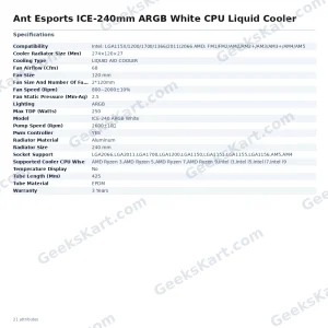 Ant Esports ICE-240mm ARGB White CPU Liquid Cooler