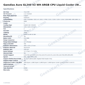 Gamdias Aura GL240 V2 WH ARGB CPU Liquid Cooler (White)