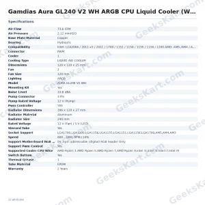 Gamdias Aura GL240 V2 WH ARGB CPU Liquid Cooler (White)