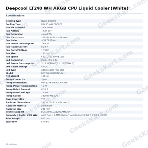 Deepcool LT240 WH ARGB CPU Liquid Cooler (White)