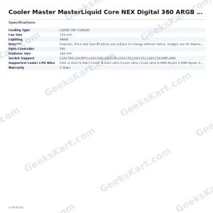 Cooler Master MasterLiquid Core NEX Digital 360 ARGB CPU Liquid Cooler