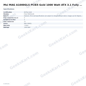 Msi MAG A1000GLS PCIE5 Gold 1000 Watt ATX 3.1 Fully Modular Smps