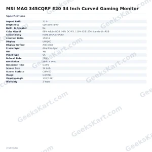 MSI MAG 345CQRF E20 34 Inch Curved Gaming Monitor