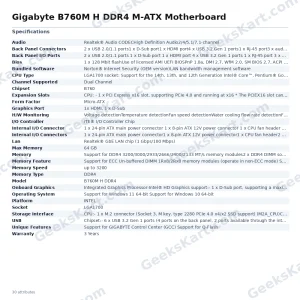 Gigabyte B760M H DDR4 M-ATX Motherboard