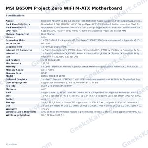 MSI B650M Project Zero WIFI M-ATX Motherboard