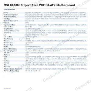 MSI B650M Project Zero WIFI M-ATX Motherboard