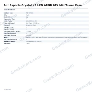 Ant Esports Crystal X3 LCD ARGB ATX Mid Tower Case