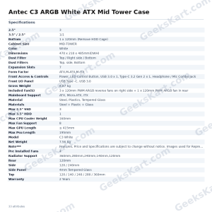 Antec C3 ARGB White ATX Mid Tower Case with 4 Pre-Installed ARGB Fans