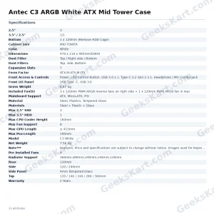 Antec C3 ARGB White ATX Mid Tower Case with 4 Pre-Installed ARGB Fans