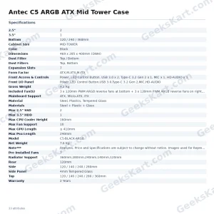 Antec C5 ARGB ATX Mid Tower Case – 270° Tempered Glass & Dual Chamber Cooling