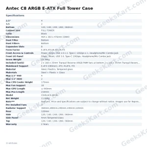 Antec C8 ARGB E-ATX Full Tower Case – Dual Chamber with 270° Tempered Glass