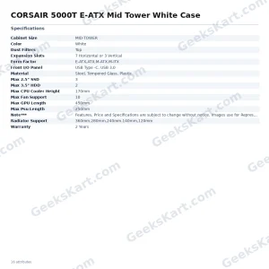 CORSAIR 5000T E-ATX Mid Tower White PC Case (CC-9011301-WW)