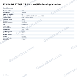 MSI MAG 275QF 27-Inch WQHD 180Hz Gaming Monitor