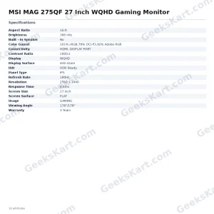 MSI MAG 275QF 27-Inch WQHD 180Hz Gaming Monitor