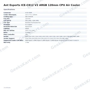 Ant Esports ICE-C612 V2 ARGB 120mm CPU Air Cooler with 6 Heatpipes