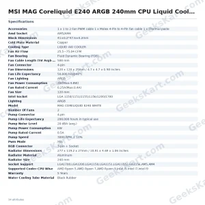MSI MAG Coreliquid E240 ARGB 240mm CPU Liquid Cooler (White)