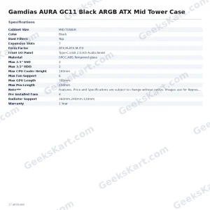 Gamdias AURA GC11 Black ARGB ATX Mid Tower Case