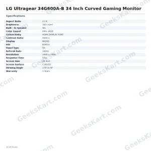 LG Ultragear 34G600A-B 34 Inch Curved Gaming Monitor