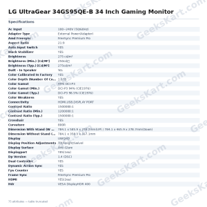 LG UltraGear 34GS95QE-B 34 Inch Gaming Monitor
