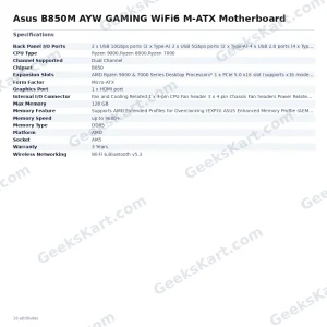 ASUS B850M AYW Gaming WiFi 6 Micro-ATX Motherboard (AM5, DDR5, PCIe 5.0)