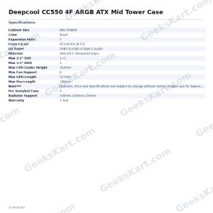 DEEPCOOL CC550 4F ARGB ATX Mid Tower Case with 4 Pre-Installed Fans