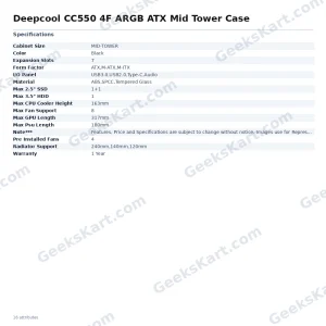 DEEPCOOL CC550 4F ARGB ATX Mid Tower Case with 4 Pre-Installed Fans