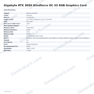 GIGABYTE GeForce RTX 3050 Windforce OC V2 6GB GDDR6 Graphics Card
