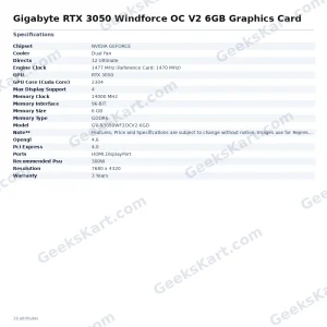 GIGABYTE GeForce RTX 3050 Windforce OC V2 6GB GDDR6 Graphics Card