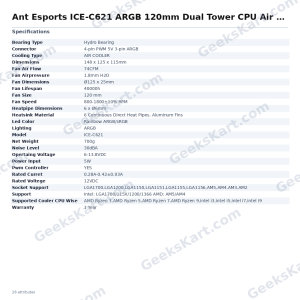 Ant Esports ICE-C621 ARGB Dual Tower CPU Air Cooler with 6 Heatpipes