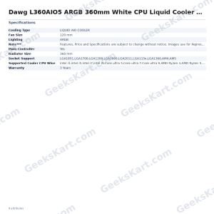 DAWG L360AIO5 ARGB 360mm White CPU Liquid Cooler with 5-Inch IPS LCD Display