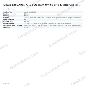 DAWG L360AIO5 ARGB 360mm White CPU Liquid Cooler with 5-Inch IPS LCD Display