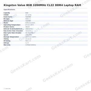 Kingston Value 8GB 3200MHz CL22 DDR4 SODIMM Laptop RAM (KVR32S22S8-8)