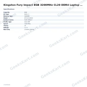 Kingston Fury Impact 8GB DDR4-3200 CL20 SODIMM Laptop RAM
