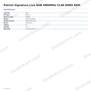 Patriot Signature Line 8GB DDR5 5600MHz CL46 Desktop RAM (PSD58G560082)