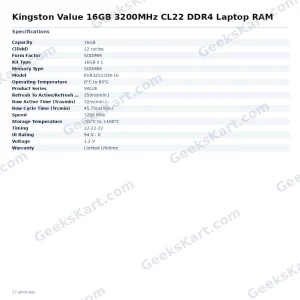 Kingston Value 16GB DDR4 3200MHz CL22 SODIMM Laptop RAM (KVR32S22D8-16)