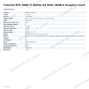 Colorful GeForce RTX 5060 Ti Battle AX DUO 16GB-V Graphics Card
