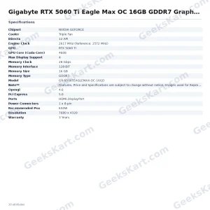 GIGABYTE RTX 5060 Ti Eagle Max OC 16GB GDDR7 Graphics Card