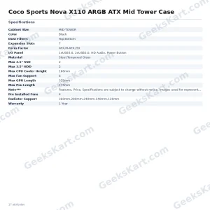 Coconut Nova X110 ARGB ATX Mid Tower Case with 4 Pre-Installed ARGB PWM Fans