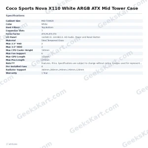 Coconut Nova X110 White ARGB ATX Mid Tower Case with 4 Pre-Installed Fans