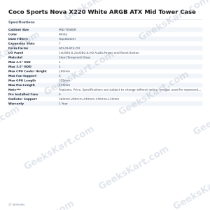 Coconut Nova X220 White ARGB ATX Mid Tower Case with 4 Pre-Installed Fans