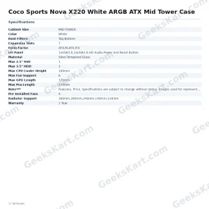 Coconut Nova X220 White ARGB ATX Mid Tower Case with 4 Pre-Installed Fans